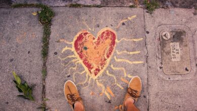 Heart shape chalk art design on the sidewalk